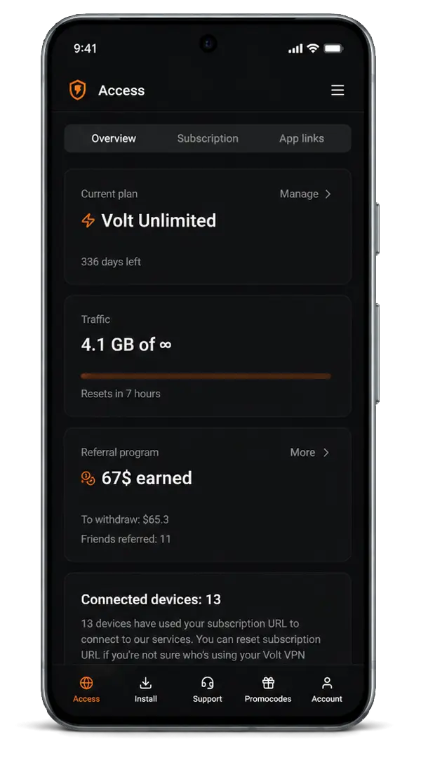 Volt VPN mobile account screen on Android