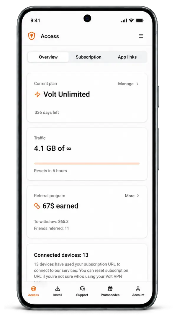 Volt VPN mobile account screen on Android