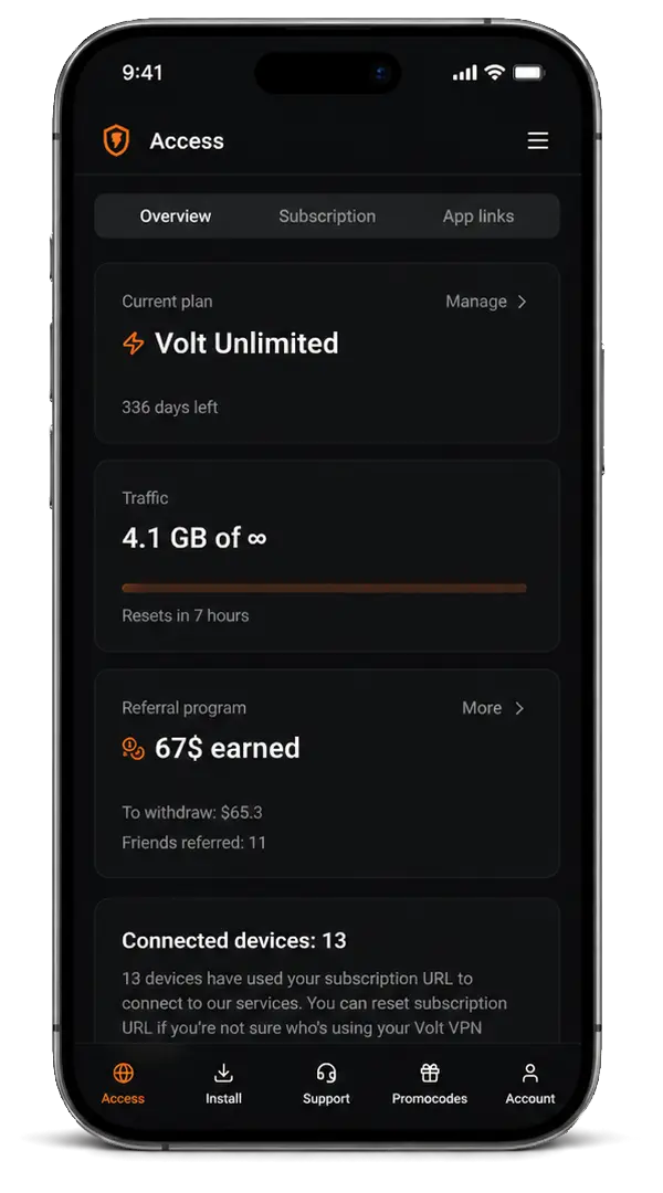 Volt VPN mobile account screen on iPhone