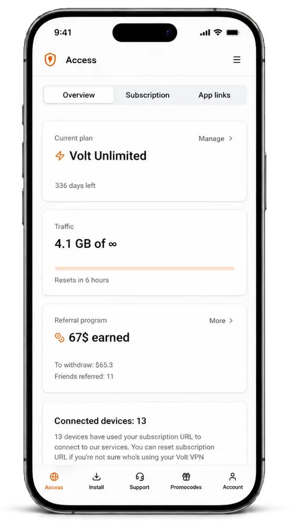 Volt VPN mobile account screen on iPhone