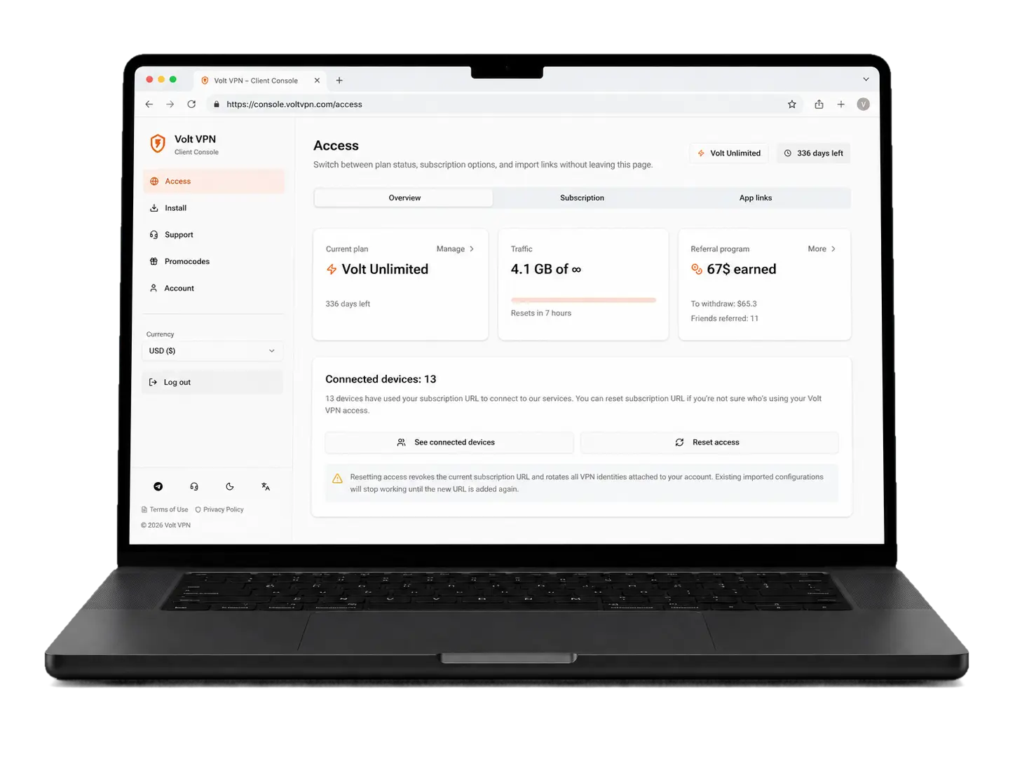 Volt VPN console on laptop